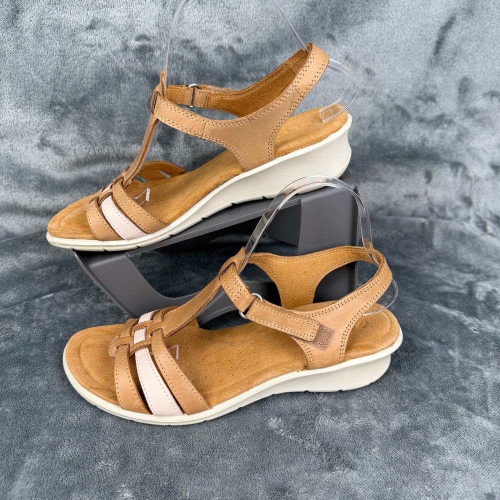 ECCO Tan Leather T-Strap Ankle Strap Wedge‎ Sandals Women's Size EU 41 US 10 - Picture 7 of 11